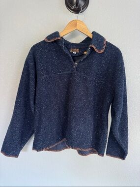 REI Navy Speckled Cowl Pullover with Brown Trim